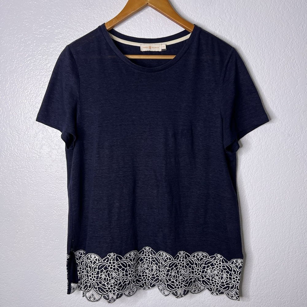 Tory Burch 100% Linen Women's Large Eyelet Trim Blouse Navy Blue Short Sleeve - Picture 2 of 10